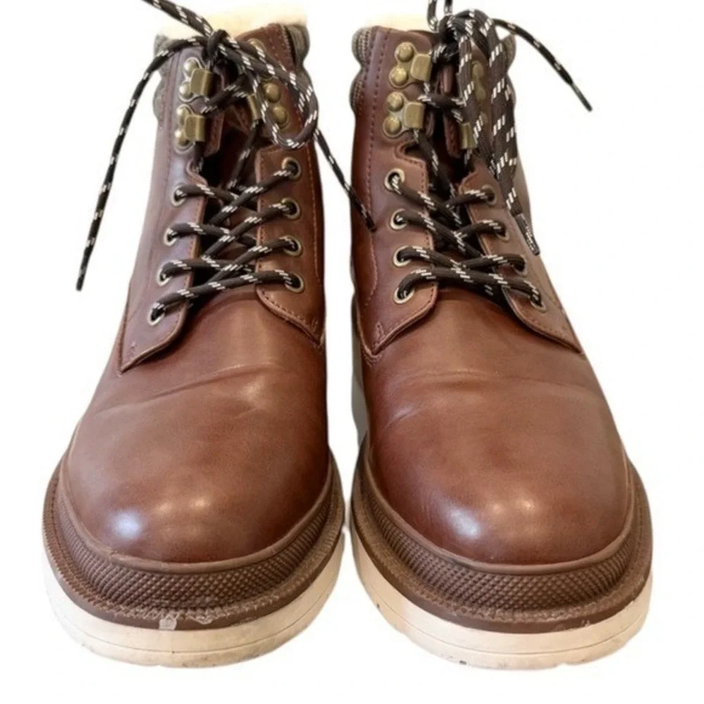 Guess Mens Brown Faux Leather Plaid‎ Collar Sherpa Lined Ankle Boots Lace Up